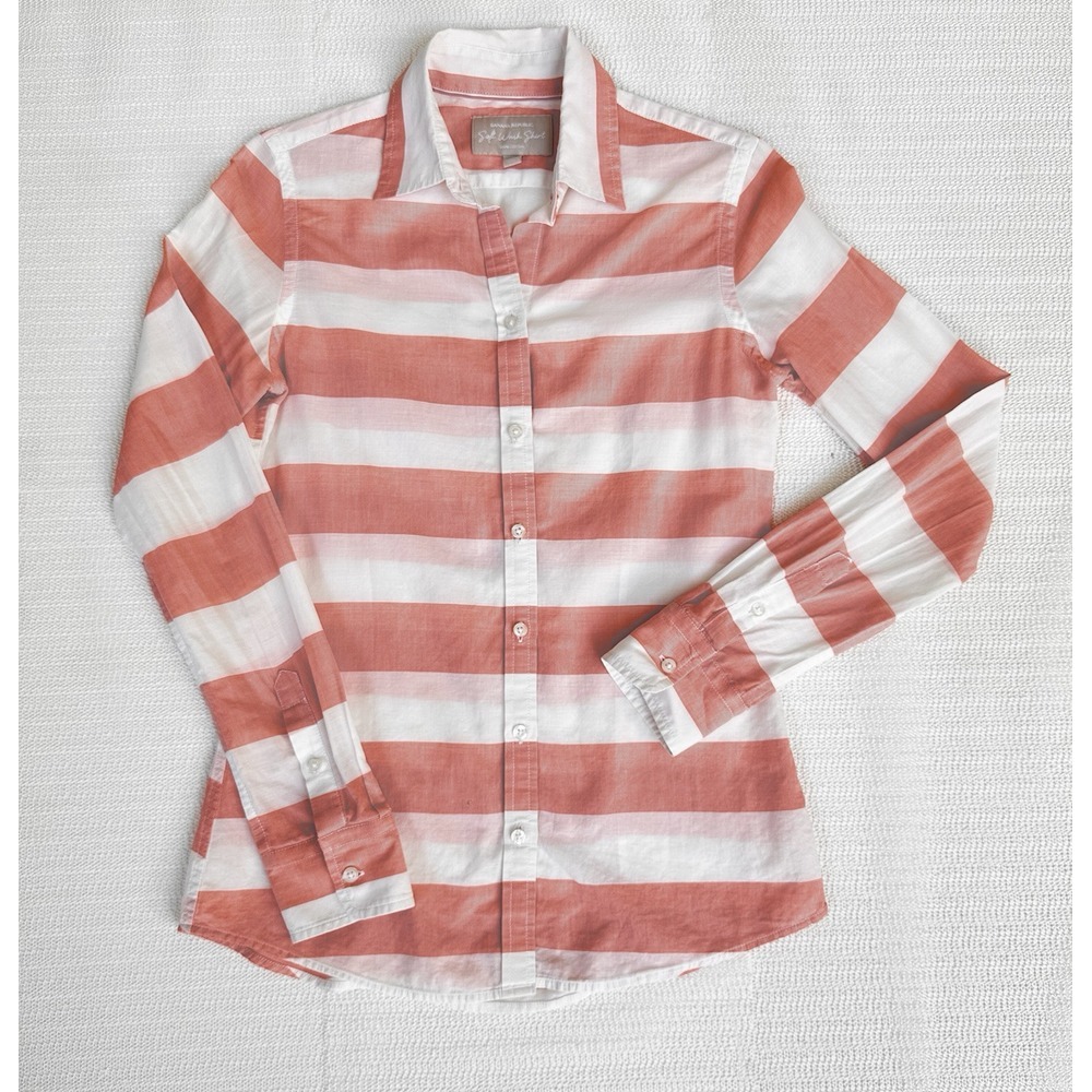 Banana Republic Shirt Womens XS Medium Orange White Button Up Top Sheer Collared